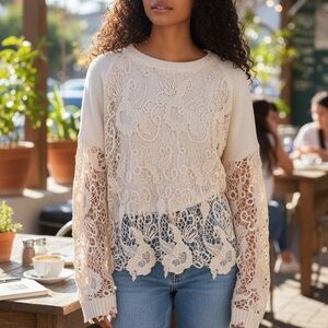 FP Movement by Free People Cream Lace Sweatshirt NWOT